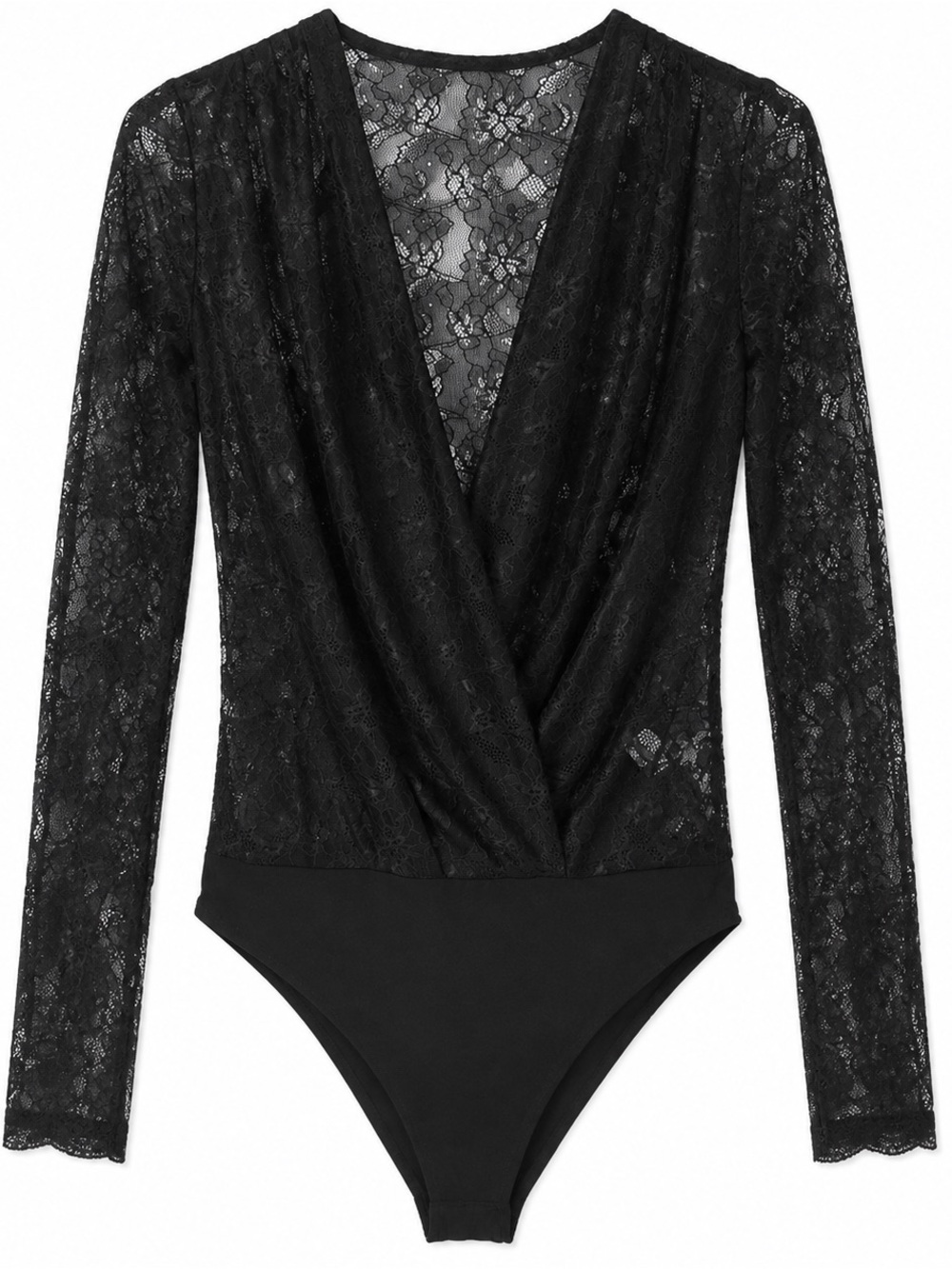 Zara Black Lace Wrap-Front Long-Sleeve Bodysuit